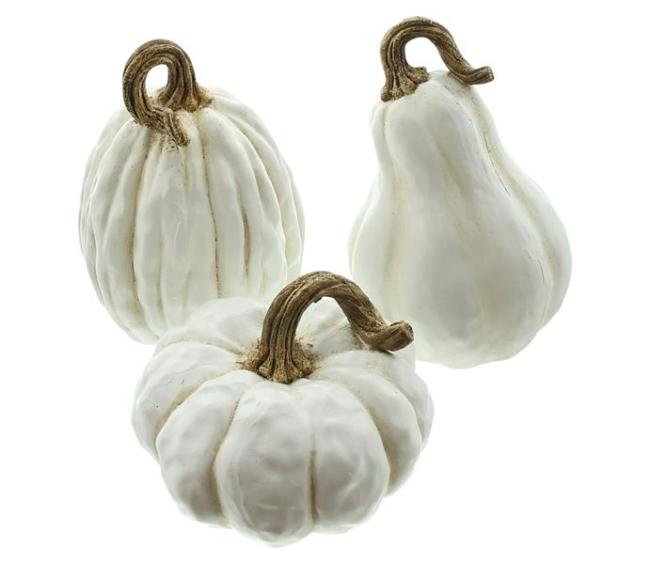 Preview: 3x Kürbis "White" aus Polyresin in weiß, kleine Kürbisse, Zierkürbis, Dekokürbis, Tischdeko