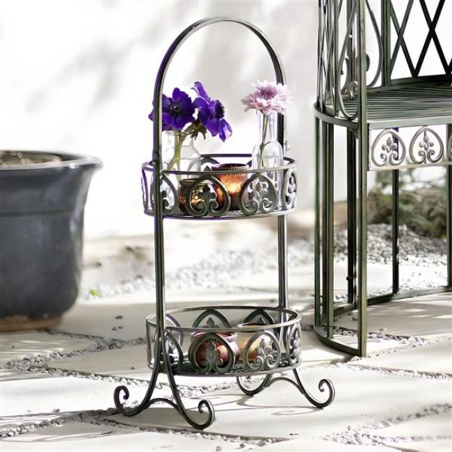 Preview: Etagere "Ornamente" aus Metall, grün mit Rost Finish, 2 Etagen, Cupcake Muffin Obst Ständer mit Griff