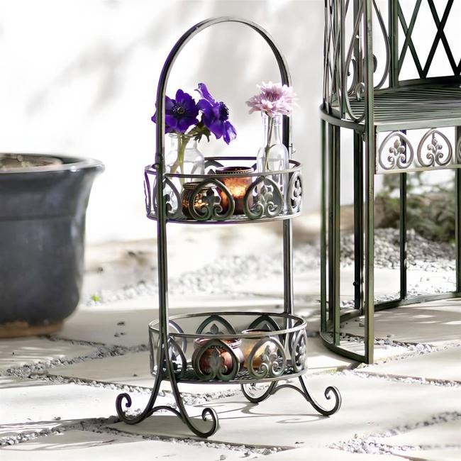 Etagere "Ornamente" aus Metall, grün mit Rost Finish, 2 Etagen, Cupcake Muffin Obst Ständer mit Griff