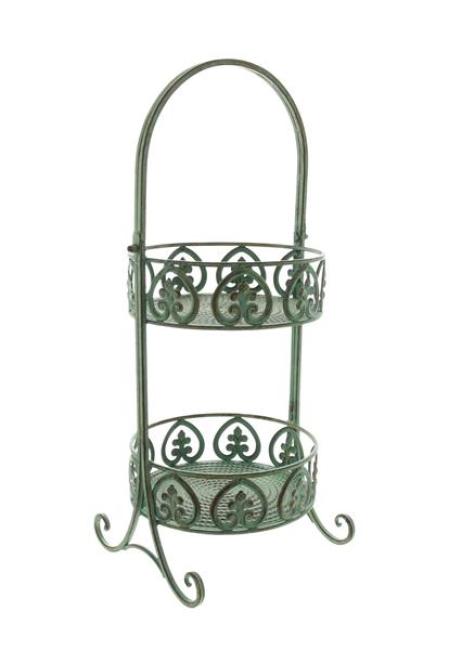 Preview: Etagere "Ornamente" aus Metall, grün mit Rost Finish, 2 Etagen, Cupcake Muffin Obst Ständer mit Griff
