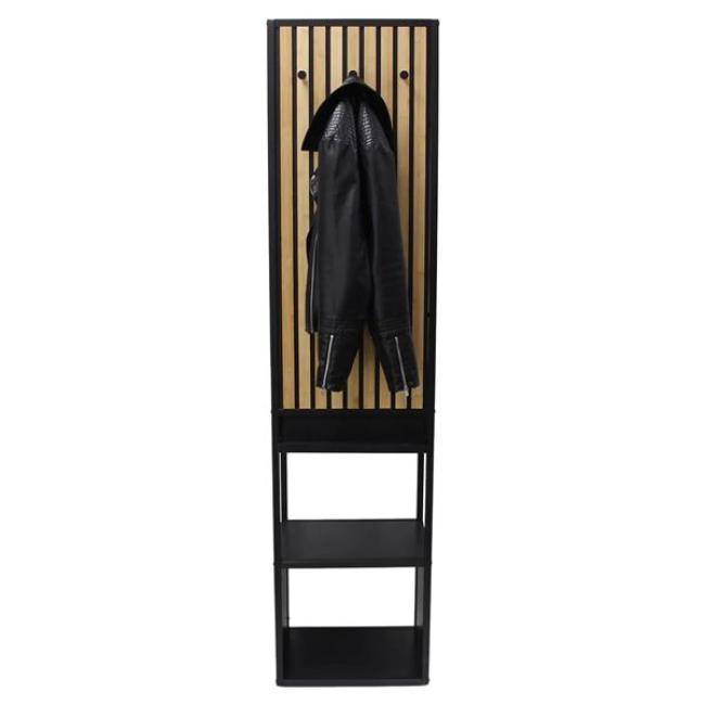 Preview: Garderobe "Modern" aus Metall schwarz & Bambus, 44x34x186 cm, Flurgarderobe schmal mit Kleiderstange, Ablage, 6 Haken