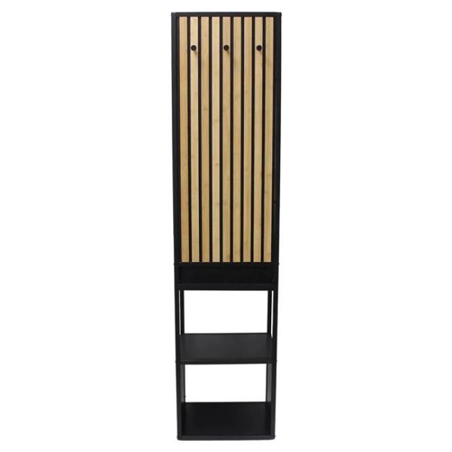 Preview: Garderobe "Modern" aus Metall schwarz & Bambus, 44x34x186 cm, Flurgarderobe schmal mit Kleiderstange, Ablage, 6 Haken