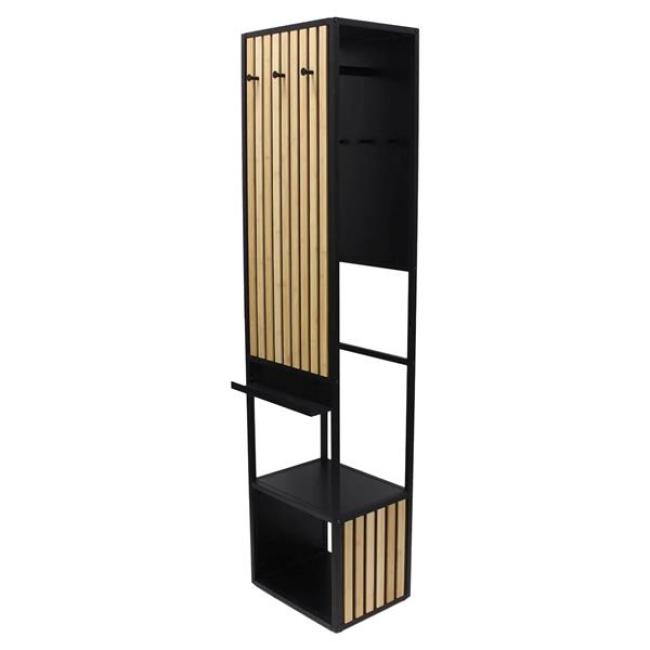 Garderobe "Modern" aus Metall schwarz & Bambus, 44x34x186 cm, Flurgarderobe schmal mit Kleiderstange, Ablage, 6 Haken