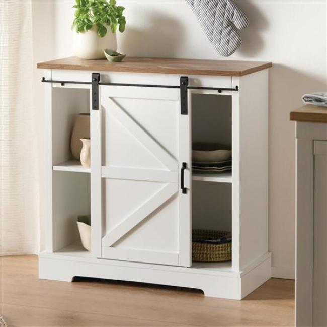 Preview: Sideboard "Landhaus" MDF weiß / Furnier braun, 80x35x81 cm, Kommode mit Schiebetür, Küchenschrank