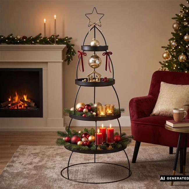 XXL Etagere "Tannenbaum" aus Metall, schwarz, Ø 56 x 132 cm, 4 Etagen, Tortenständer, Weihnachtsdeko, Dekoständer, Obstetagere, Regal