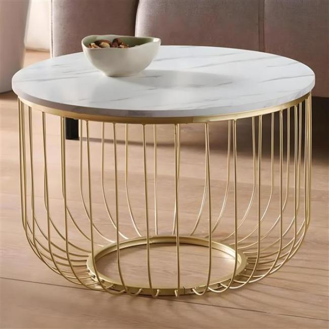 Preview: Beistelltisch "Gold" aus Metall, Tischplatte MDF in Marmor-Optik, Ø 55 x 37 cm, Sofatisch, Couchtisch rund