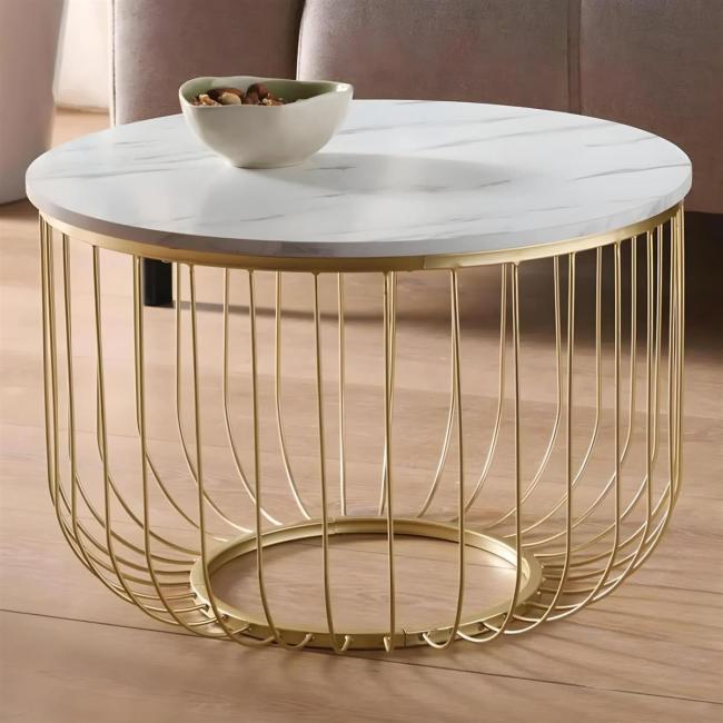 Beistelltisch "Gold" aus Metall, Tischplatte MDF in Marmor-Optik, Ø 55 x 37 cm, Sofatisch, Couchtisch rund