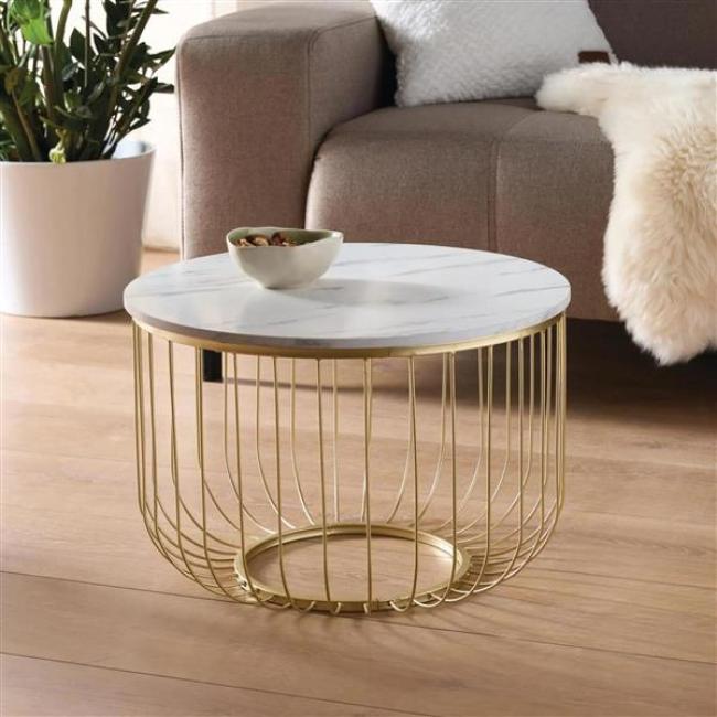 Preview: Beistelltisch "Gold" aus Metall, Tischplatte MDF in Marmor-Optik, Ø 55 x 37 cm, Sofatisch, Couchtisch rund