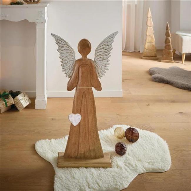 Preview: Figur "Schutzengel" 83 cm groß, Engel aus Mango-Holz, Metall-Flügel in weiß / gold, Dekofigur, Holzfigur