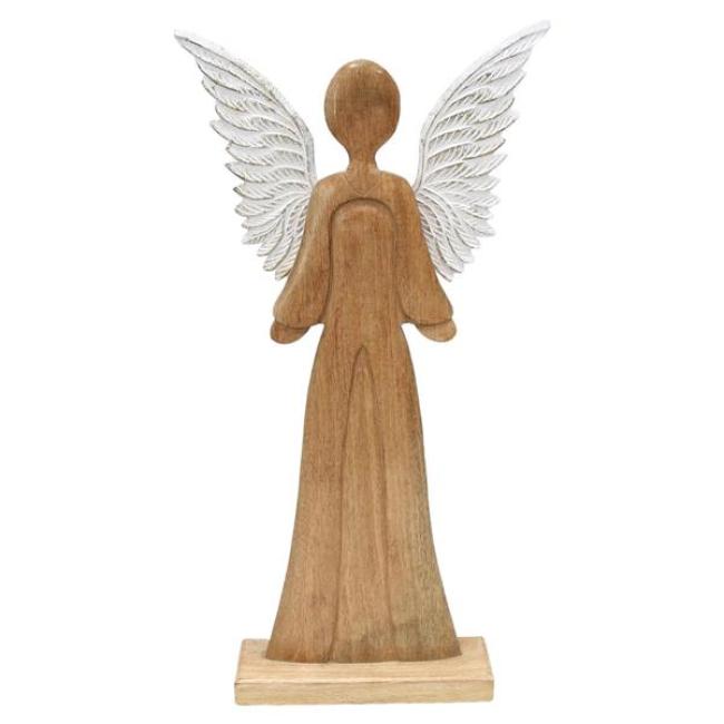 Preview: Figur "Schutzengel" 83 cm groß, Engel aus Mango-Holz, Metall-Flügel in weiß / gold, Dekofigur, Holzfigur