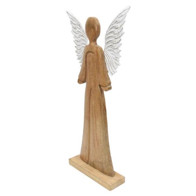 Figur "Schutzengel" 83 cm groß, Engel aus Mango-Holz, Metall-Flügel in weiß / gold, Dekofigur, Holzfigur