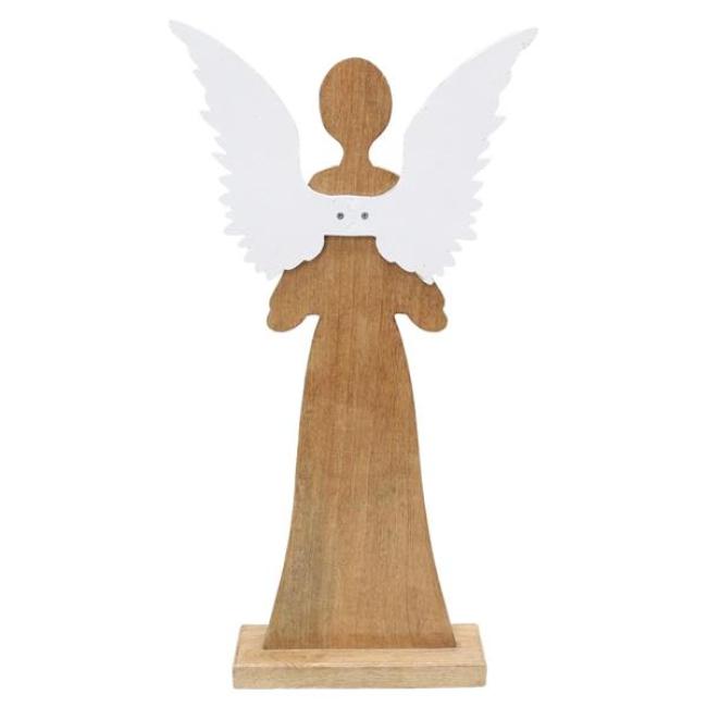 Figur "Schutzengel" 83 cm groß, Engel aus Mango-Holz, Metall-Flügel in weiß / gold, Dekofigur, Holzfigur