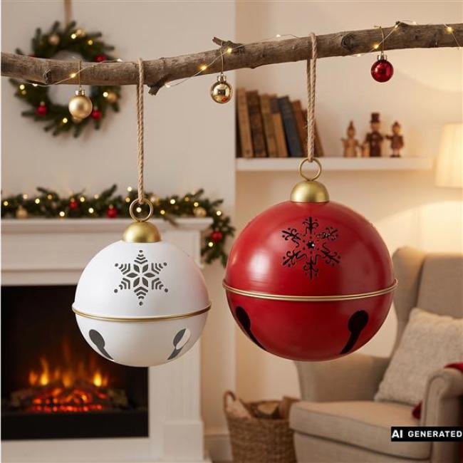 Preview: Weihnachtsglocken "Maxi" 2er Set weiß + rot, Ø 30 + 40 cm, Weihnachtskugeln, Metall Weihnachtsdeko hängend