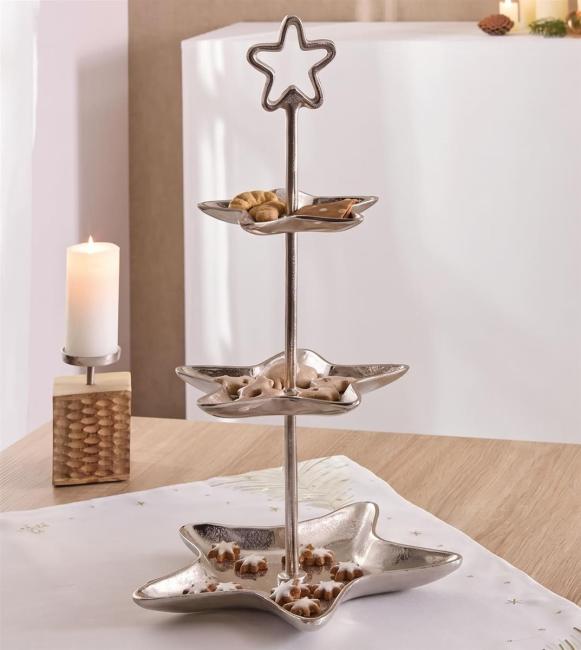 Etagere "Stern" aus Aluminiumguss, silber, 3 Etagen, 61 cm hoch, Weihnachtsdeko, Dekoständer, Obstetagere