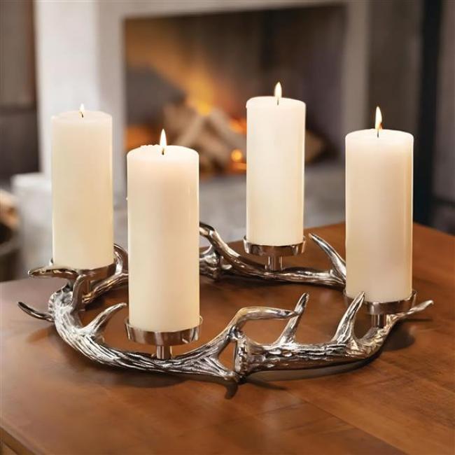 Preview: Adventskranz "Hirschgeweih" aus Aluminiumguss, silber, Ø 41 cm, Kerzenhalter für 4 Stumpenkerzen, Weihnachtskranz, Tischkranz für Weihnachten