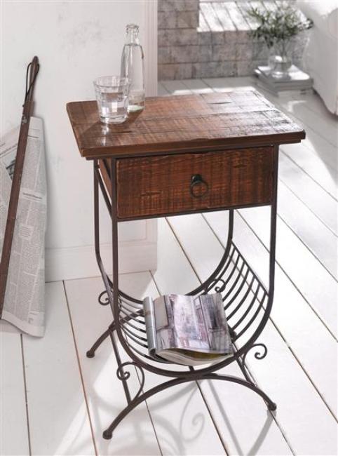 Preview: Beistelltisch "Country-Style" aus Holz & Metall, braun, im Antik Design, Telefontisch mit Schublade & Zeitungs-Ablage, Konsolentisch in rustikalem Shabby-Look