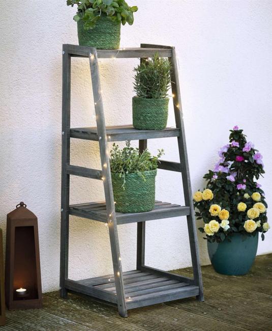 Leiterregal aus Holz im Antik Design, grau, Regal mit 4 Ebenen, Blumenregal, Standregal, Pflanzentreppe, offenes Bücherregal für Wohnzimmer, Küche, Terrasse