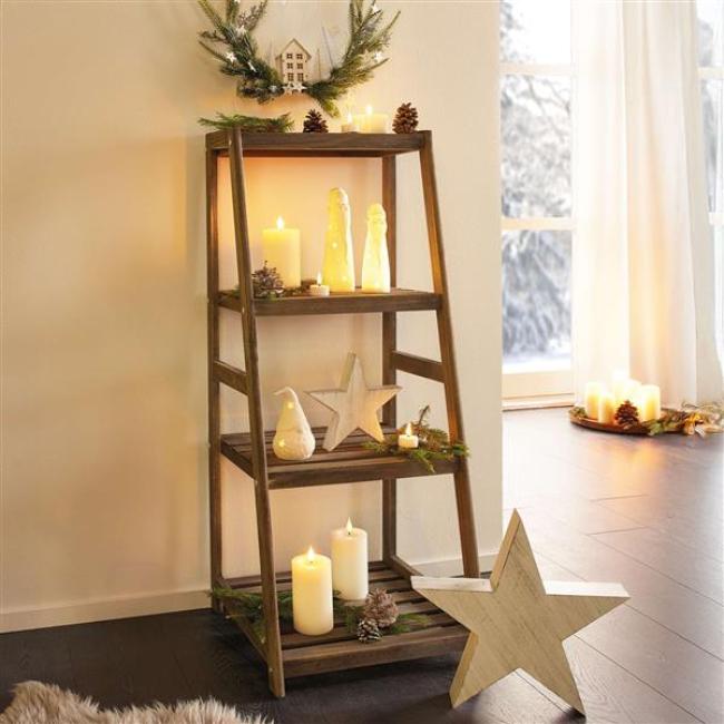 Preview: Leiterregal aus Holz im Antik Design, grau, Regal mit 4 Ebenen, Blumenregal, Standregal, Pflanzentreppe, offenes Bücherregal für Wohnzimmer, Küche, Terrasse