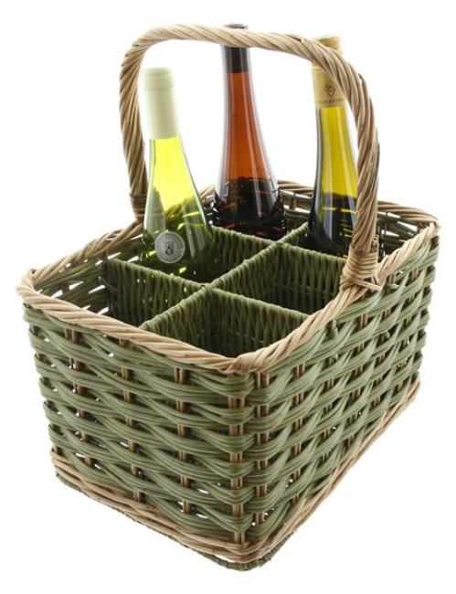 Flaschenkorb "Olivgrün" aus Weide & Polyrattan für 6 Flaschen, Flaschenträger, Getränketräger, Getränkekorb
