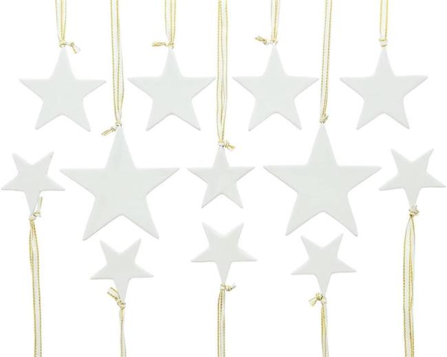 Preview: 12 Sterne aus Porzellan, weiß, Weihnachtsbaumschmuck, Dekohänger, Weihnachtsdeko, Christbaumschmuck