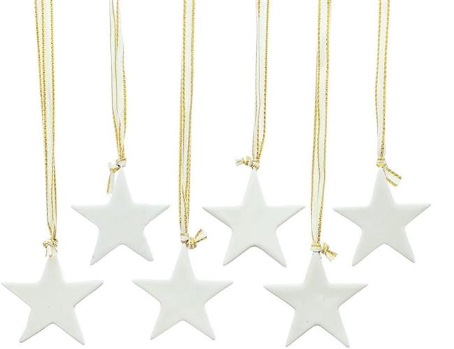 Preview: 12 Sterne aus Porzellan, weiß, Weihnachtsbaumschmuck, Dekohänger, Weihnachtsdeko, Christbaumschmuck