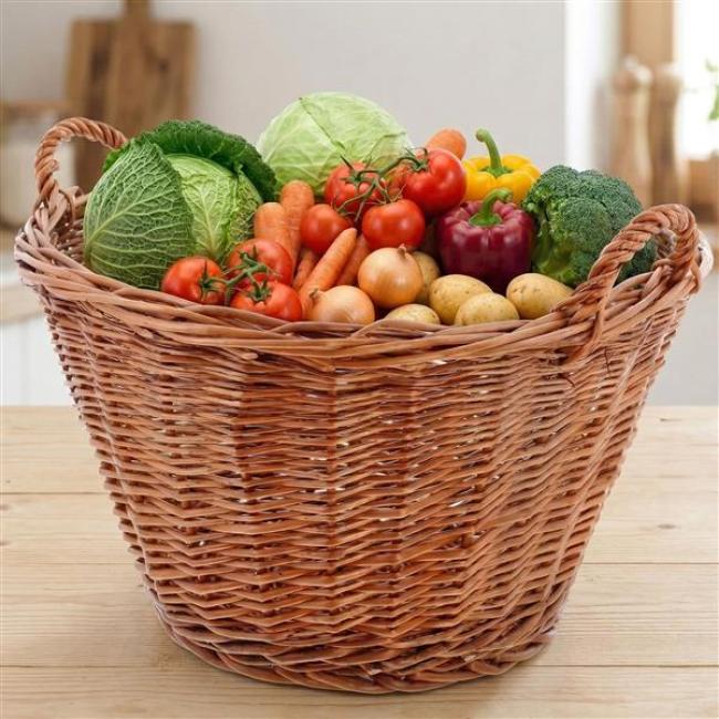 Preview: Obstkorb "Natur" aus Weide geflochten, mit Griffen, groß, Ø 50 cm, Erntekorb, Lagerkorb, Tragekorb, Weidenkorb