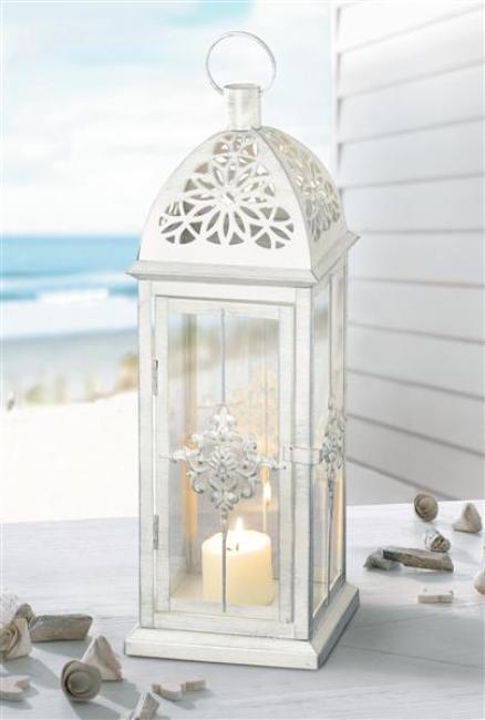 Preview: Laterne "Barock" aus Metall, weiß / silber, 39 cm hoch, romantische Gartenlaterne, Metalllaterne, Windlicht, Hängelaterne, Kerzenlaterne