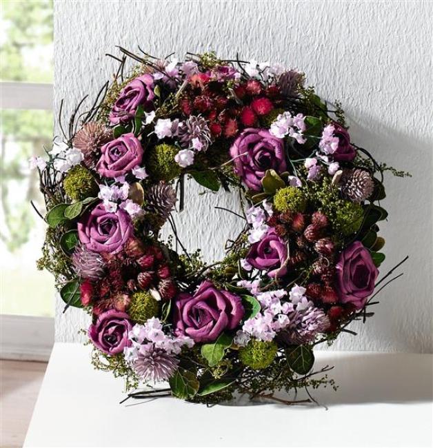 Preview: Dekokranz "Lila Rose" aus Naturmaterialien & Textil-Blüten, Ø 21 cm, Tischkranz, Hochzeitsdeko, Tischdeko, Blumenkranz