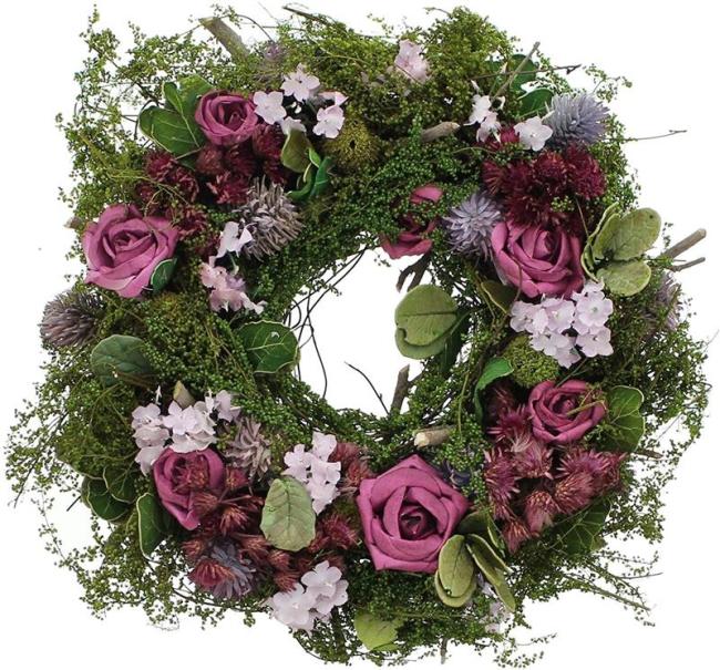Preview: Dekokranz "Lila Rose" aus Naturmaterialien & Textil-Blüten, Ø 21 cm, Tischkranz, Hochzeitsdeko, Tischdeko, Blumenkranz