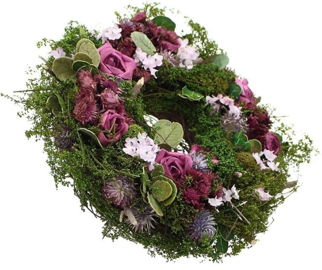 Preview: Dekokranz "Lila Rose" aus Naturmaterialien & Textil-Blüten, Ø 21 cm, Tischkranz, Hochzeitsdeko, Tischdeko, Blumenkranz
