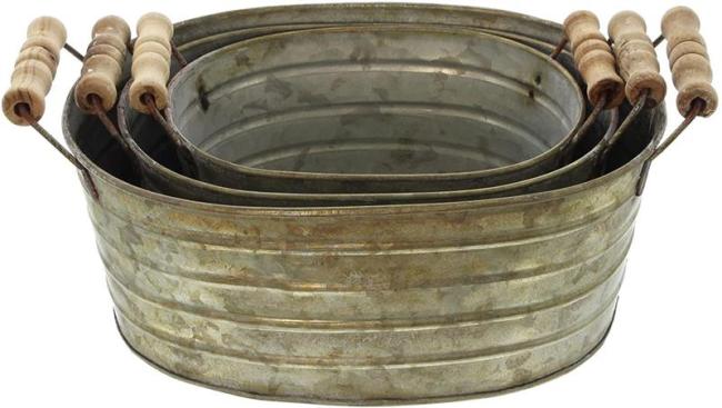 3er Set Metallwannen mit Holzgriffen, Blumenkübel, Pflanzkasten, Blumenkasten, Pflanzkübel, Pflanzgefäß, Gartendeko für Draußen