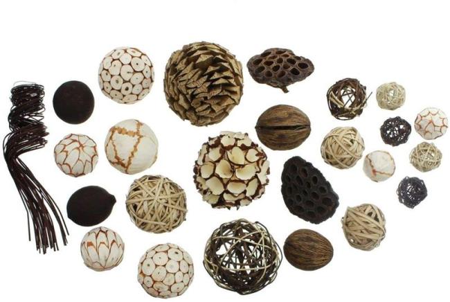 Preview: 25 tlg. Deko Set "Naturkugel" Ø4-10 cm, Dekokugel, Rattankugel, Früchte, Nüsse