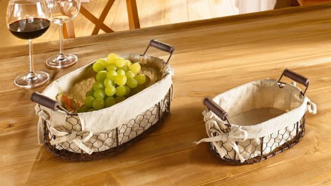 2 Drahtkörbchen in Rost-Optik mit Stoffeinlage in beige, Obstkorb, Brotkorb, Drahtkorb, Dekokorb