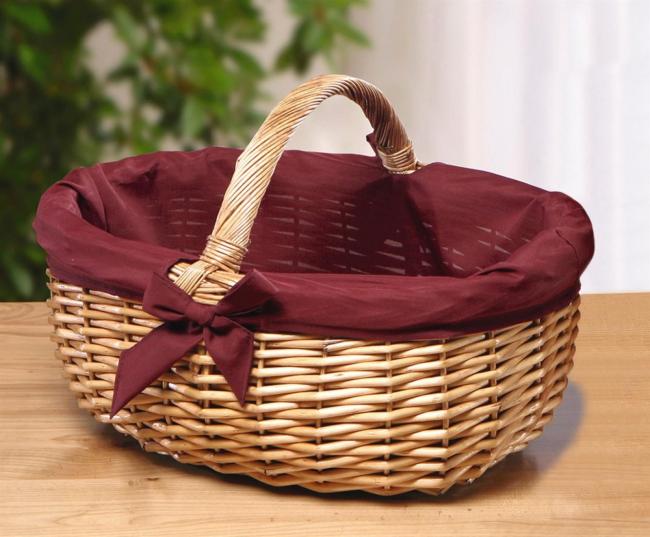 Einkaufskorb aus Weide, 47x36 cm groß, mit roter Stoffeinlage, Flechtkorb, Tragekorb, Weidenkorb