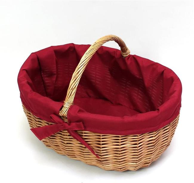Preview: Einkaufskorb aus Weide, 47x36 cm groß, mit roter Stoffeinlage, Flechtkorb, Tragekorb, Weidenkorb