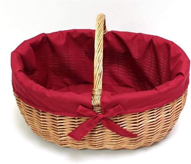 Preview: Einkaufskorb aus Weide, 47x36 cm groß, mit roter Stoffeinlage, Flechtkorb, Tragekorb, Weidenkorb