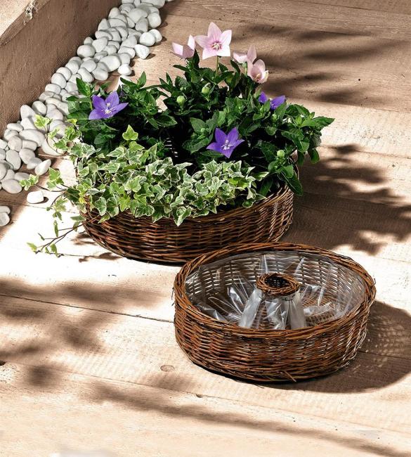 2x Pflanzrad aus Weide, braun, Pflanzschale, Blumenschale, Pflanzgefäß, Blumentopf, Gartendeko für Draußen