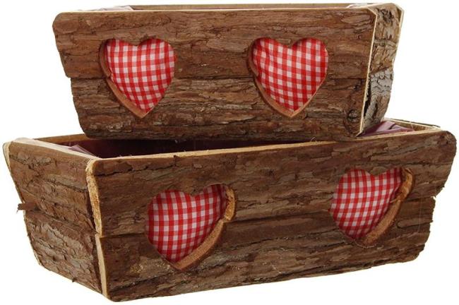 Preview: 2x Pflanzkasten aus Holz mit Rinde bedeckt, braun, rustikal im Landhaus Stil, Blumentopf, Blumenkasten, Pflanzgefäß, Übertopf