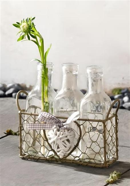 Preview: Drahtkorb "Romance" grau + 3 Glasflaschen, Tischvase, Blumenvase, Vase