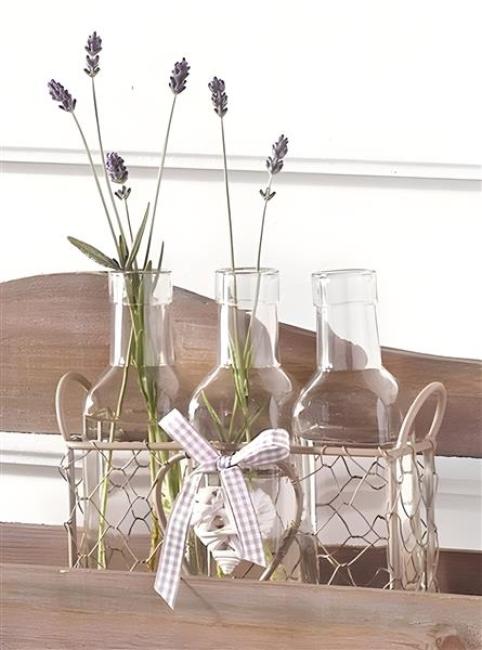 Preview: Drahtkorb "Romance" grau + 3 Glasflaschen, Tischvase, Blumenvase, Vase
