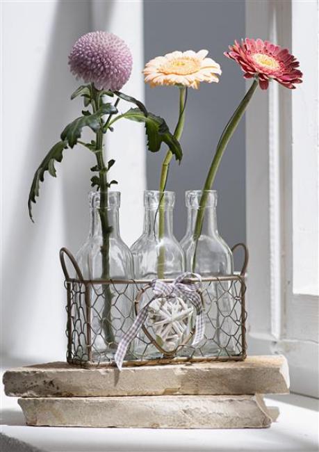 Preview: Drahtkorb "Romance" grau + 3 Glasflaschen, Tischvase, Blumenvase, Vase