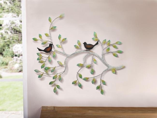 Wanddeko "Ast mit Vögeln" aus Metall, 61x47, Wandbild, Metalldeko, Metallbild