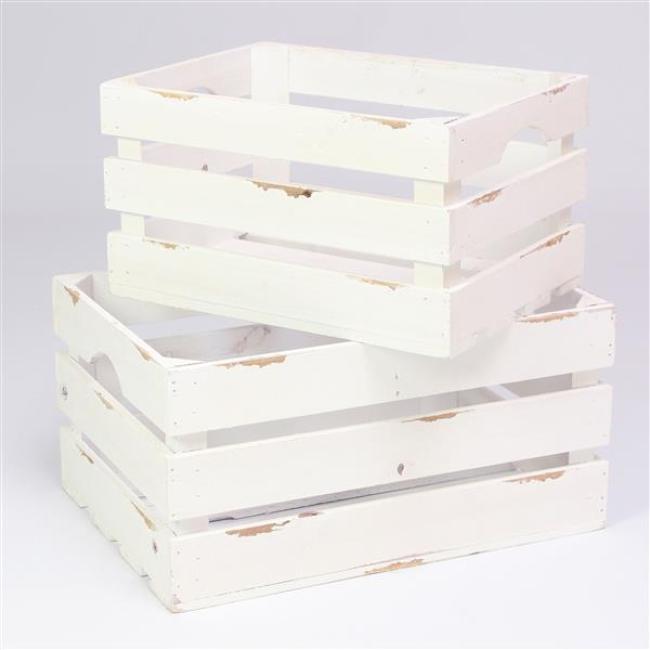 2x Aufbewahrungskiste aus Holz in creme weiß, im Shabby Look, Weinkiste, Wandregal, Holzkiste, Holzstiege
