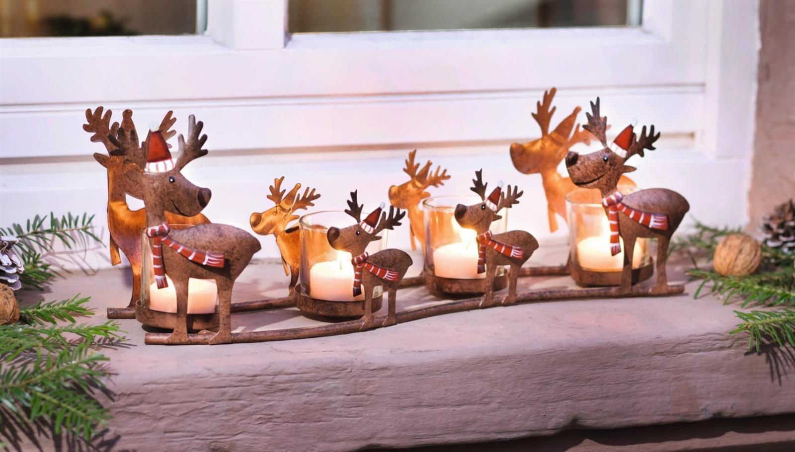 Windlicht "Rentier Familie" aus Metall mit 4 Teelichtgläsern, Windlichtglas, Adventsdeko, Teelichthalter, Tischdeko, Kerzenhalter