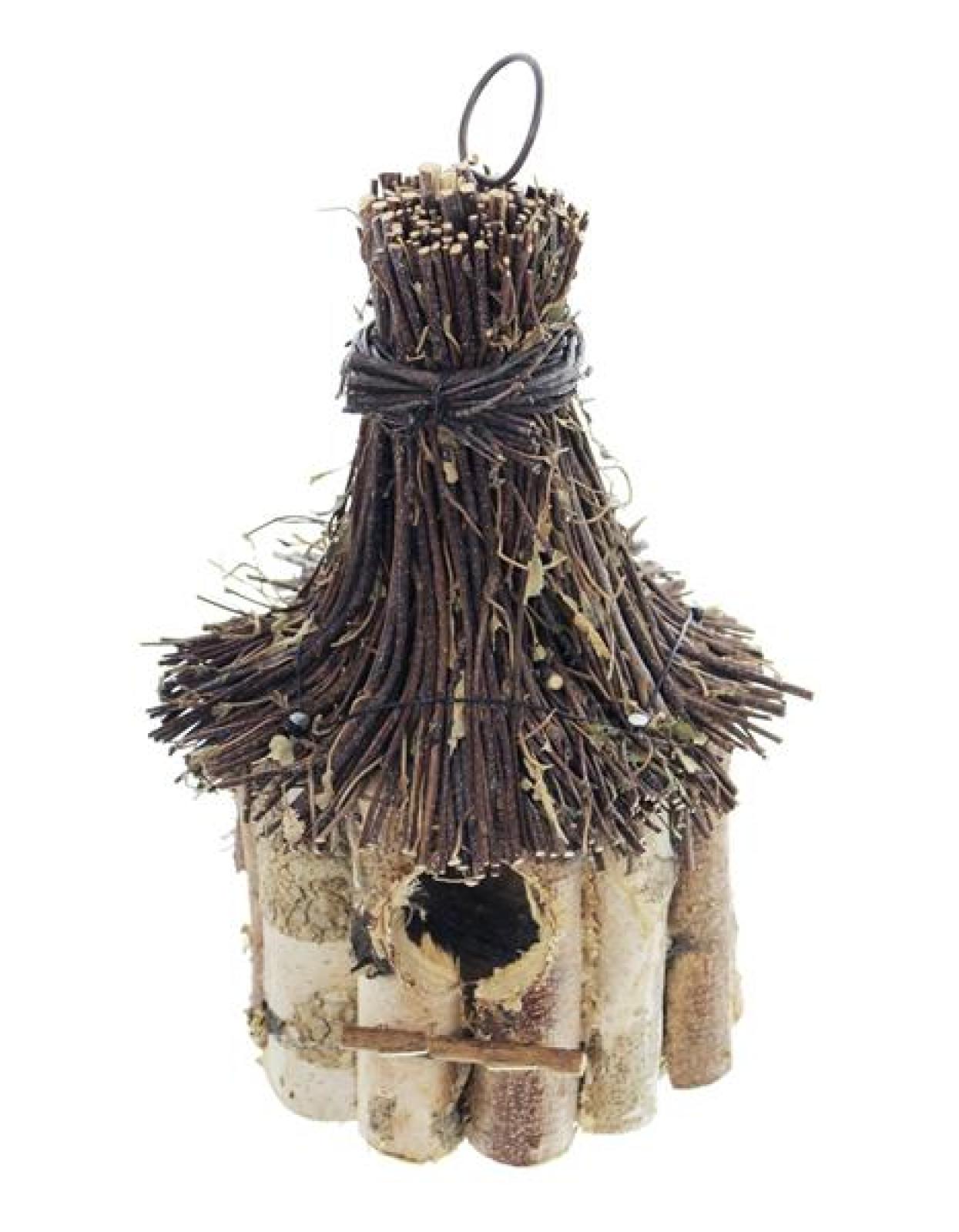 Vogelhaus "Birke" aus Holz, rund, Dach aus Reisig, Vogelhäuschen zum Aufhängen, Nistkasten, Balkon & Gartendeko für Draußen