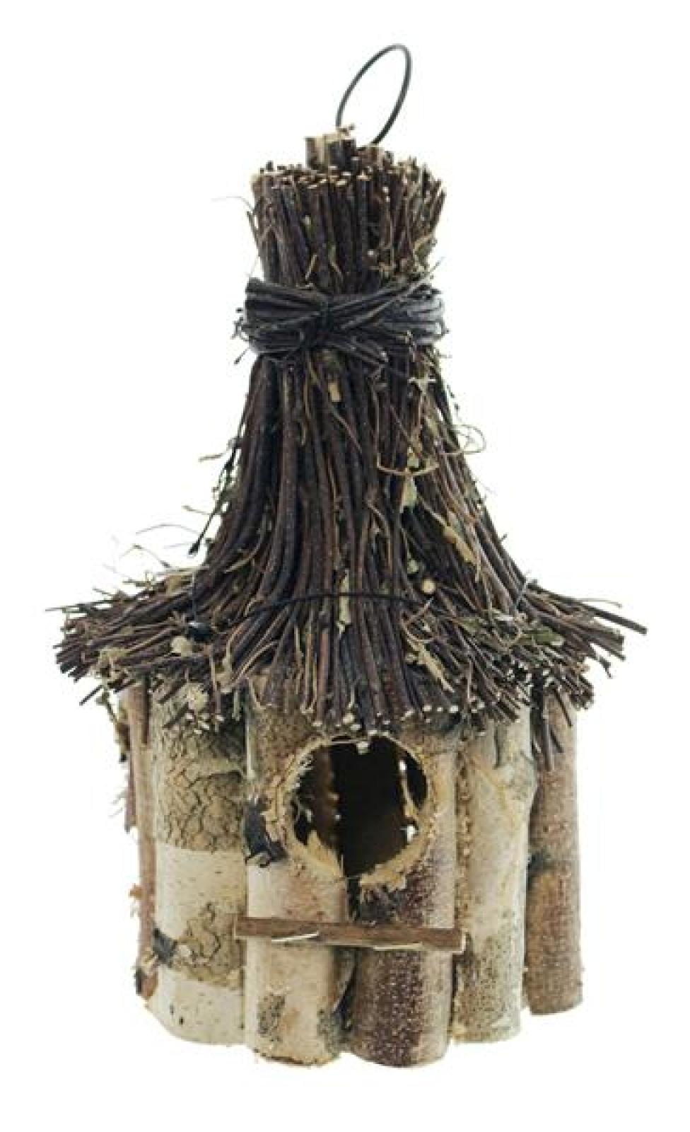 Vogelhaus "Birke" aus Holz, rund, Dach aus Reisig, Vogelhäuschen zum Aufhängen, Nistkasten, Balkon & Gartendeko für Draußen