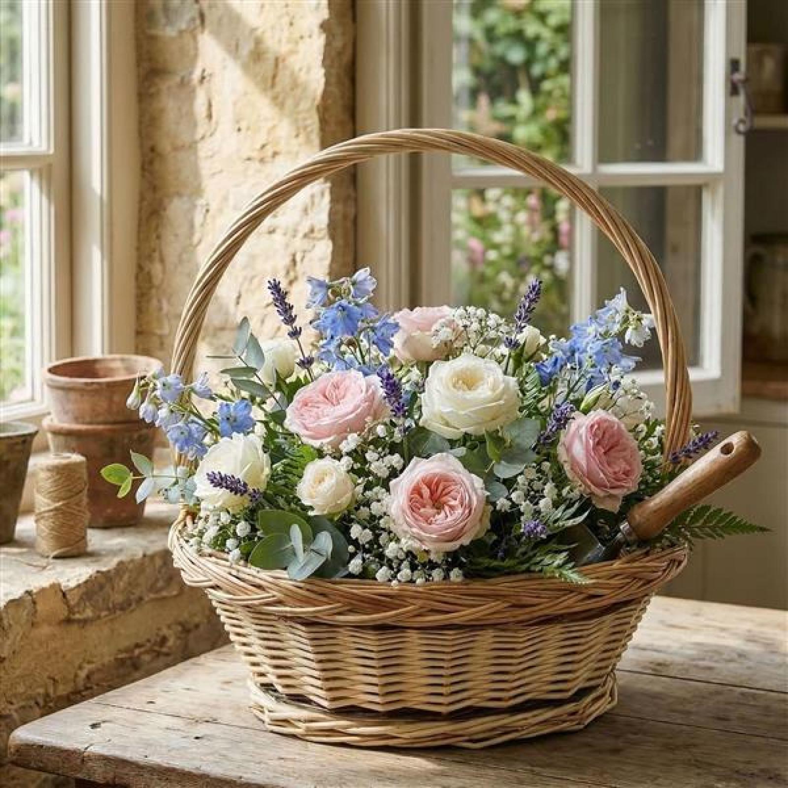 Bügelkorb "Zopfrand" mittel, aus Weide, weiß, Blumenkorb