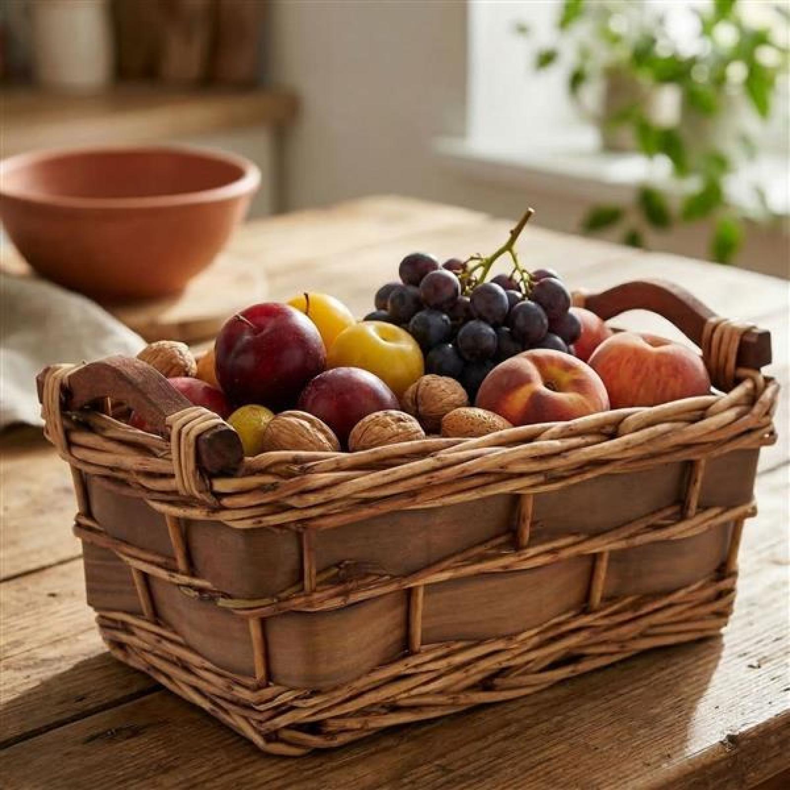 Füllkorb aus Weide + Holz, klein, mit Griffen, braun, Aufbewahrungskorb, Obstkorb