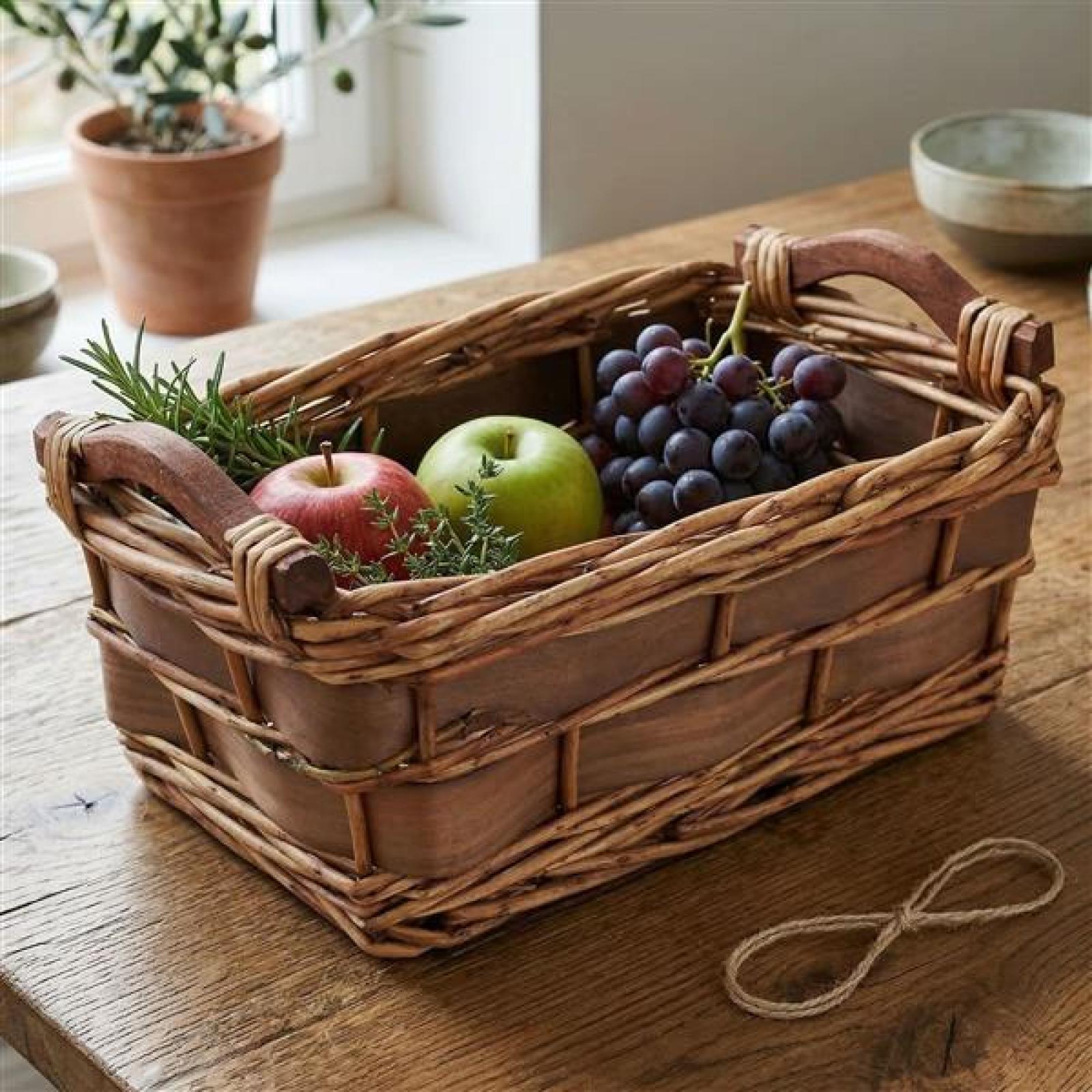 Füllkorb aus Weide + Holz, klein, mit Griffen, braun, Aufbewahrungskorb, Obstkorb