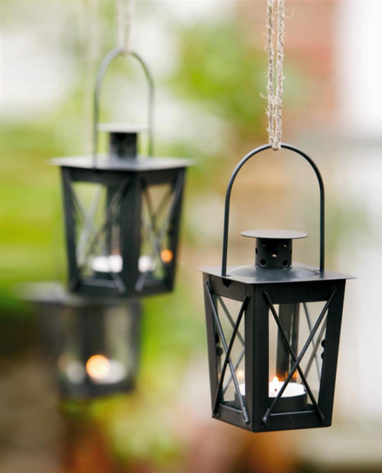 2x Mini Laterne aus Metall + Glas, schwarz, Teelichthalter, Hängelaterne, Metalllaterne, Gartenlaterne, Windlicht, Gartendeko für Draußen wetterfest